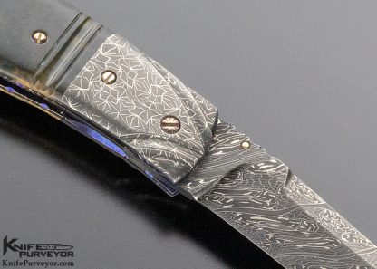 Don Hanson Custom Knife Fluted Mammoth & Sole Authorship Damascus Linerlock with Fileworked 14 Kt Gold Inlaid Spine - Image 4