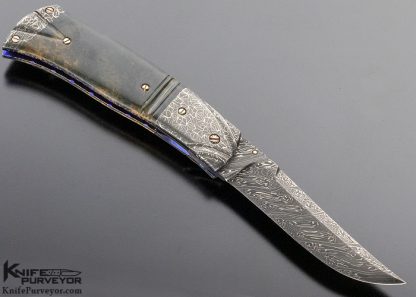 Don Hanson Custom Knife Fluted Mammoth & Sole Authorship Damascus Linerlock with Fileworked 14 Kt Gold Inlaid Spine - Image 3