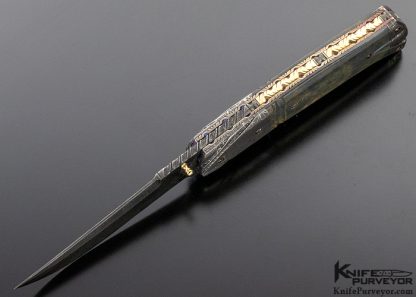 Don Hanson Custom Knife Fluted Mammoth & Sole Authorship Damascus Linerlock with Fileworked 14 Kt Gold Inlaid Spine - Image 6