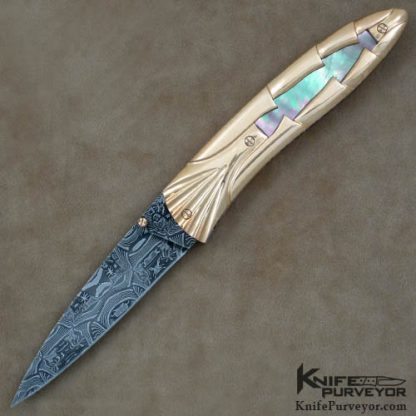 Don Hanson Custom Knife Sole Authorship Damascus 18Kt Gold & Blacklip Pearl Linerlock