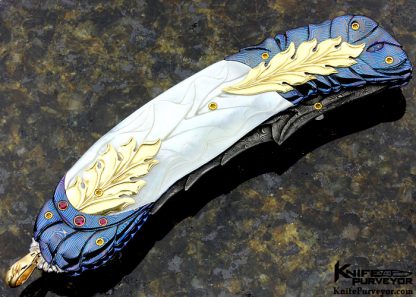 Donald Vogt Custom Knife  Carved Blued Devin Thomas Damascus Encrusted with Rubies, Carved Mother of Pearl - Image 3