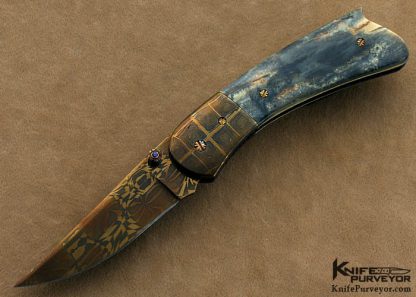 Rick Dunkerely Custom Knife Blued Sole Authorship Damascus  Linerlock