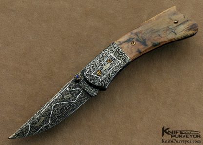 Rick Dunkerely Custom Knife Blued Sole Authorship Damascus  Linerlock