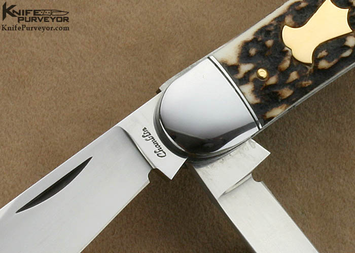 Joel Chamblin Custom Knife 3 Blade Sambar Stag Sowbelly Slip Joint with 14Kt Gold Pins and Keyhole Shield - Image 2
