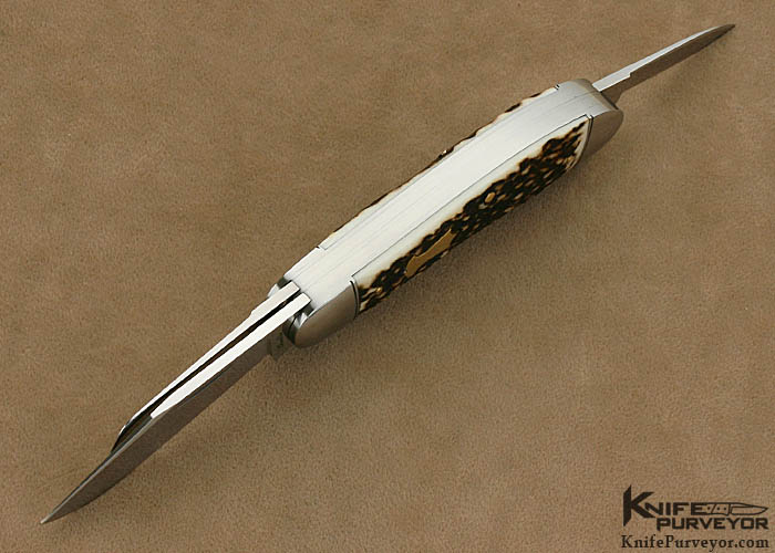 Joel Chamblin Custom Knife 3 Blade Sambar Stag Sowbelly Slip Joint with 14Kt Gold Pins and Keyhole Shield - Image 4