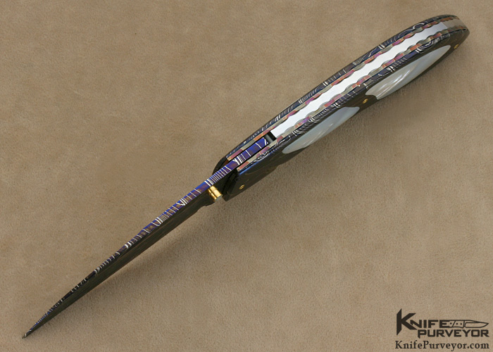 Francesco Pachi Custom Knife Blued Damascus Interframe with Mother of Pearl Inlays - Image 4