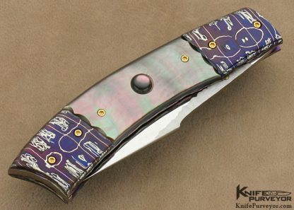 Francesco Pachi Custom Knife Blued Sole Authorship Damascus & Blacklip Tahitian Pearl Shell Prototype Linerlock - Image 4