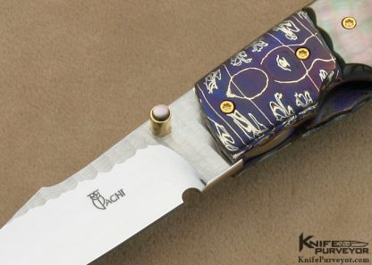 Francesco Pachi Custom Knife Blued Sole Authorship Damascus & Blacklip Tahitian Pearl Shell Prototype Linerlock - Image 2