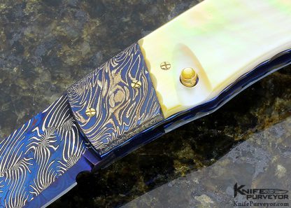 Francesco Pachi Custom Knife Blued Damascus & South Sea Gold Lip Pearl Shell Button Lock - Image 2