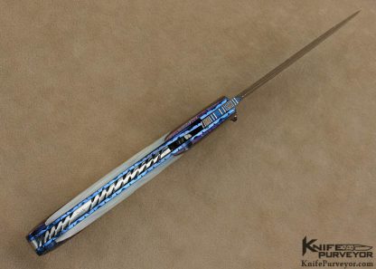 Frank Niro Custom Knife Blued Rob Calcinore Multi-Bar Mosaic Damascus, Blued Meteorite & Fluted Mother of Pearl Shell Linerlock - Image 6