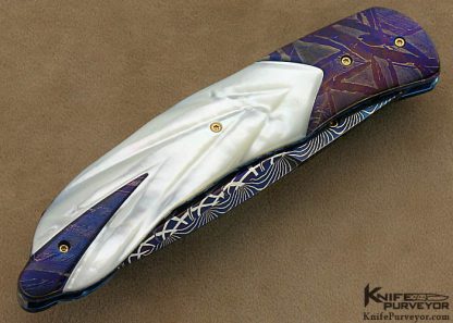 Frank Niro Custom Knife Blued Rob Calcinore Multi-Bar Mosaic Damascus, Blued Meteorite & Fluted Mother of Pearl Shell Linerlock - Image 3