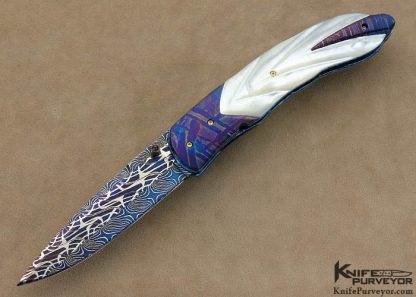 Frank Niro Custom Knife Blued Rob Calcinore Multi-Bar Mosaic Damascus, Blued Meteorite & Fluted Mother of Pearl Shell Linerlock