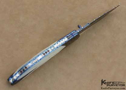 Frank Niro Custom Knife Blued Rob Calcinore Multi-Bar Mosaic Damascus, Blued Meteorite & Fluted Mother of Pearl Shell Linerlock - Image 4