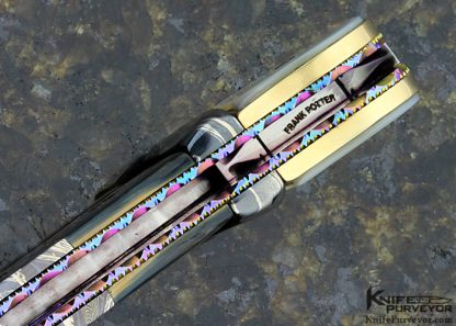 Frank Potter Custom Knife Mammoth, Pearl Shell & 14K Gold with Blued Robert Eggerling Mosaic Damascus Automatic Linerlock - Image 5
