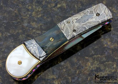 Frank Potter Custom Knife Mammoth, Pearl Shell & 14K Gold with Blued Robert Eggerling Mosaic Damascus Automatic Linerlock - Image 2