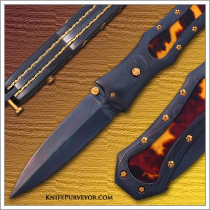 Gail Lunn's Custom Knife: Antique Tortoise Shell Automatic Linerlock with 14 Kt Gold and Damascus - Image 2