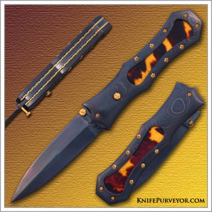 Gail Lunn's Custom Knife: Antique Tortoise Shell Automatic Linerlock with 14 Kt Gold and Damascus
