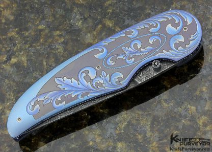 Gary Blanchard Custom Knife Devin Thomas Damascus Sole Authorship Engraved Differentially Anodized Titanium Button Lock - Image 3
