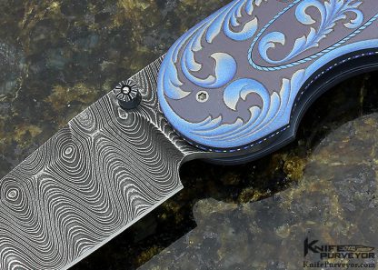 Gary Blanchard Custom Knife Devin Thomas Damascus Sole Authorship Engraved Differentially Anodized Titanium Button Lock - Image 2