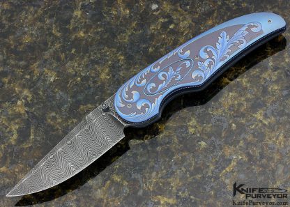 Gary Blanchard Custom Knife Devin Thomas Damascus Sole Authorship Engraved Differentially Anodized Titanium Button Lock