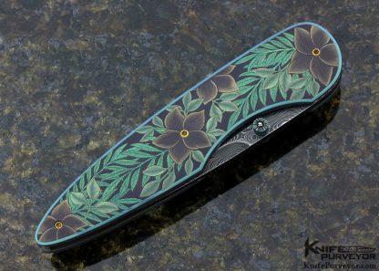 Gary Blanchard Custom Knife Devin Thomas "Raindrop" Damascus & Sole Authorship Engraved Differentially Anodized Titanium Button Lock - Image 3