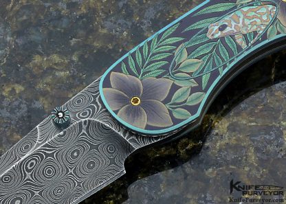 Gary Blanchard Custom Knife Devin Thomas "Raindrop" Damascus & Sole Authorship Engraved Differentially Anodized Titanium Button Lock - Image 2
