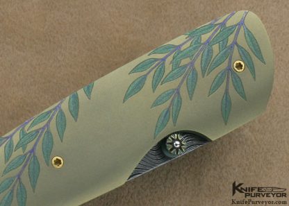 Gary Blanchard Custom Knife Sole Authorship Engraved Anodized Titanium & Devin Thomas Damascus Button Lock Folder - Image 4