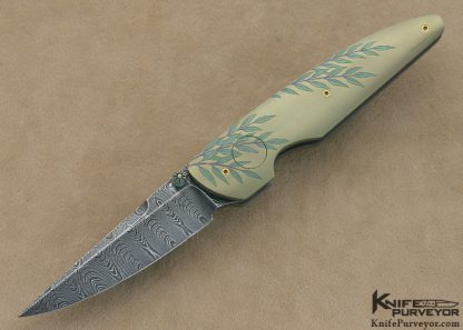 Gary Blanchard Custom Knife Sole Authorship Engraved Anodized Titanium & Devin Thomas Damascus Button Lock Folder