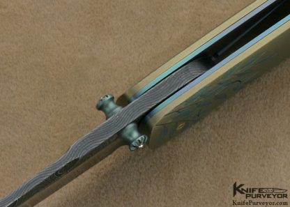 Gary Blanchard Custom Knife Sole Authorship Engraved Anodized Titanium & Devin Thomas Damascus Button Lock Folder - Image 6