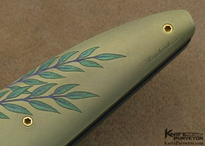 Gary Blanchard Custom Knife Sole Authorship Engraved Anodized Titanium & Devin Thomas Damascus Button Lock Folder - Image 8