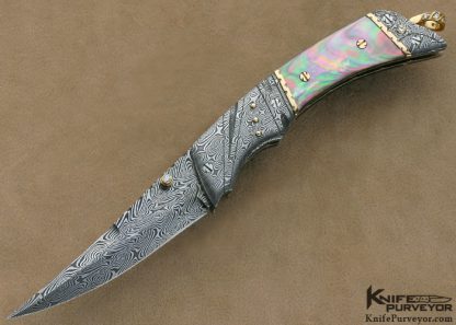 George Dailey Custom Knife Daryl Meier "Turkish Twist" Damascus & Black Lip Tahitian Pearl Shell Linerlock Featured in David Darom's "Art and Design in Modern Custom Folding Knives" Book