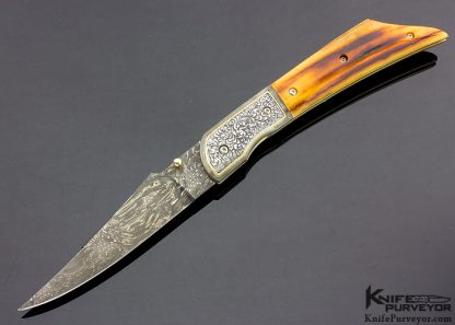 Jody Muller Custom Knife Sole Authorship Engraved Gun Blue Mosaic Damascus and Stag Linerlock 12256