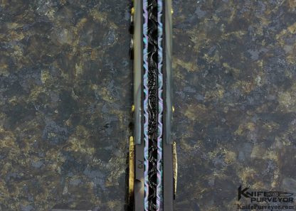 Glen Waters Custom Knife "Millennium" Carved Abalone & Devin Thomas Spiral Graph Damascus with 24Kt Gold Linerlock - Image 5