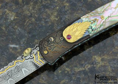 Glen Waters Custom Knife "Millennium" #2 1 of 1 Carved Abalone & Devin Thomas Spiral Graph Damascus with 24Kt Gold Linerlock 12060