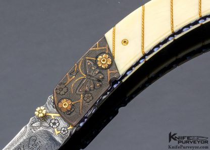 Glen Waters Custom Knife Sole Authorship Engraved Tanto with 24Kt Twisted Gold Wire Butterfly and Cherry Blossom Motif - Image 2
