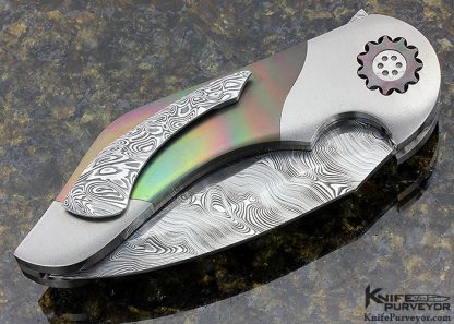 Glenn Are Hovin Custom Knife #4 Flame Colored Titanium and Damasteel Linerlock Flipper - Image 3