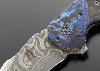 Greg Lightfoot Custom Knife JVO Design (Jared Van Otterloo) "Pit Boss" Damascus with Timascus and Marble Carbon Fiber - Image 2