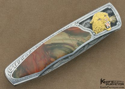 Scott Sawby Custom Knife Mike Norris San Mai Damascus & Carrisite Jasper Interframe Self Lock Scaled Down "Bittern" Engraved by Lee Griffiths - Image 3