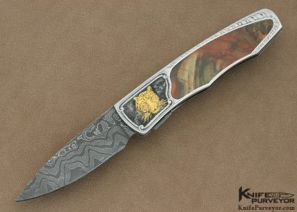 Scott Sawby Custom Knife Mike Norris San Mai Damascus & Carrisite Jasper Interframe Self Lock Scaled Down "Bittern" Engraved by Lee Griffiths