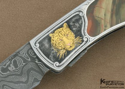 Scott Sawby Custom Knife Mike Norris San Mai Damascus & Carrisite Jasper Interframe Self Lock Scaled Down "Bittern" Engraved by Lee Griffiths - Image 2
