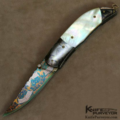 Johan Gustafsson Custom Knife Goldlip Pearl and Sole Authorship Damascus Linerlock