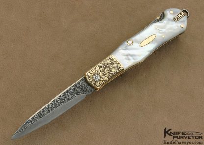 H.H. Frank Custom Knife 1982 Sole Authorship Engraved 14 Kt Gold & Mother of Pearl Shell Lockback Dagger with 14 Kt gold Toothpick