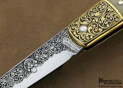 HH Frank Custom Knife Sole Authorship Engraved Brass & White Stag Lockback - Image 2