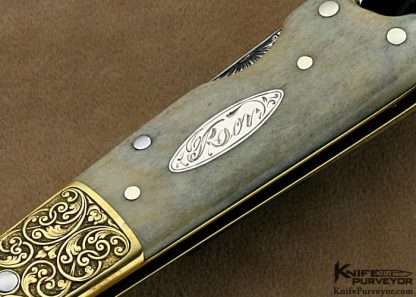 HH Frank Custom Knife Sole Authorship Engraved Brass & White Stag Lockback - Image 3