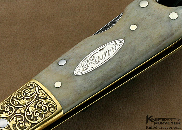 HH Frank Custom Knife Sole Authorship Engraved Brass & White Stag