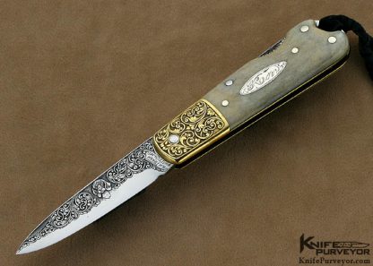 HH Frank Custom Knife Sole Authorship Engraved Brass & White Stag Lockback