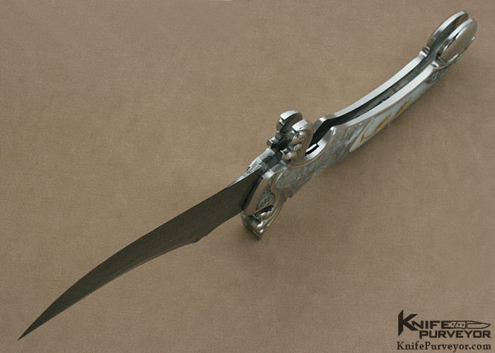 Shaun and Sharla Hansen Custom Knife Sole Authorship Damascus & Engraved Mother of Pearl Shell Interframe with 24Kt Gold Inlays D/A Credit Card Automatic Linerlock - Image 6