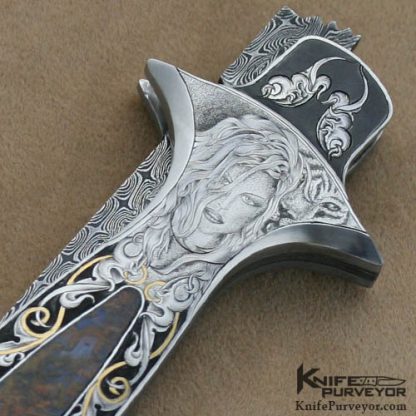 Shaun & Sharla Hansen Custom Knife Moss Agate & Damascus Engraved Credit Card Automatic Knife - Image 5