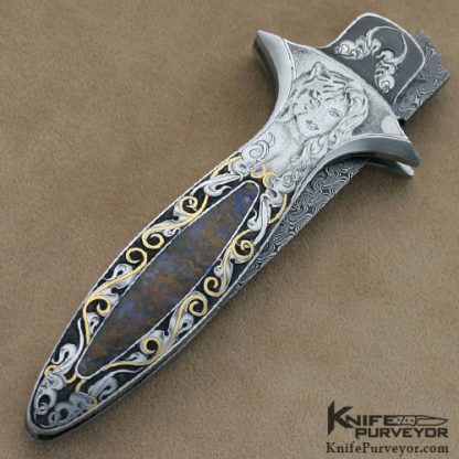 Shaun & Sharla Hansen Custom Knife Moss Agate & Damascus Engraved Credit Card Automatic Knife - Image 2