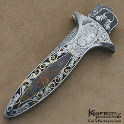 Shaun & Sharla Hansen Custom Knife Moss Agate & Damascus Engraved Credit Card Automatic Knife - Image 4